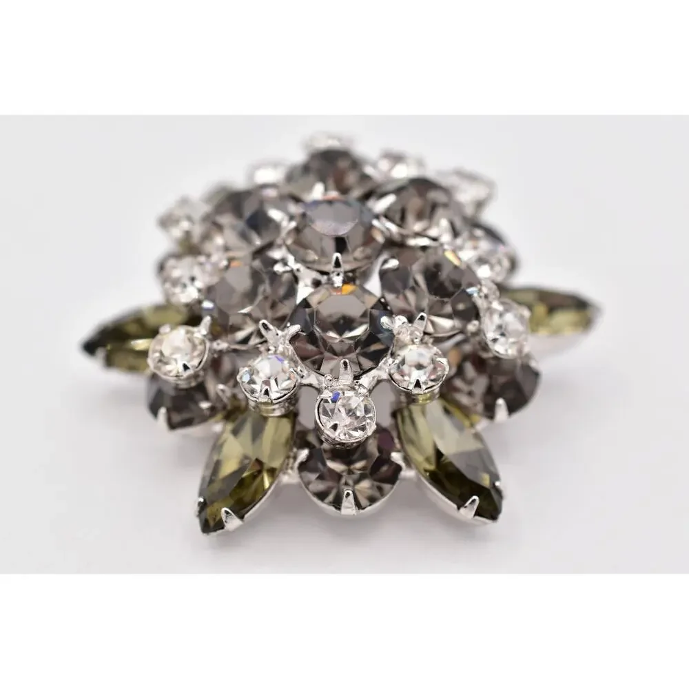 Vintage Smoky Gray Rhinestone Brooch Silver Crystal Cluster Flower Pin 60s BinBI